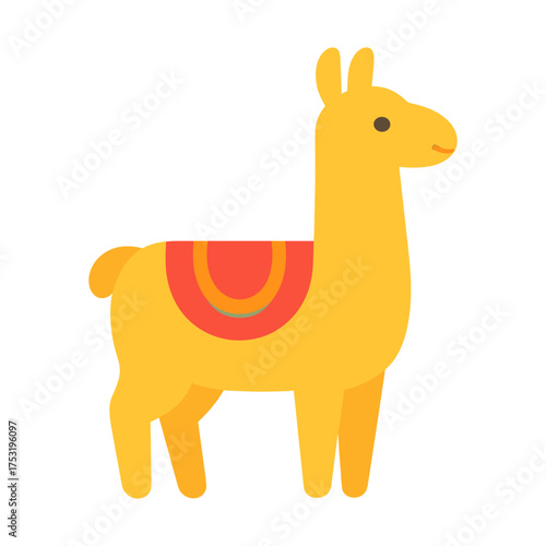 Colorful cartoon llama with blanket saddle in minimalist design