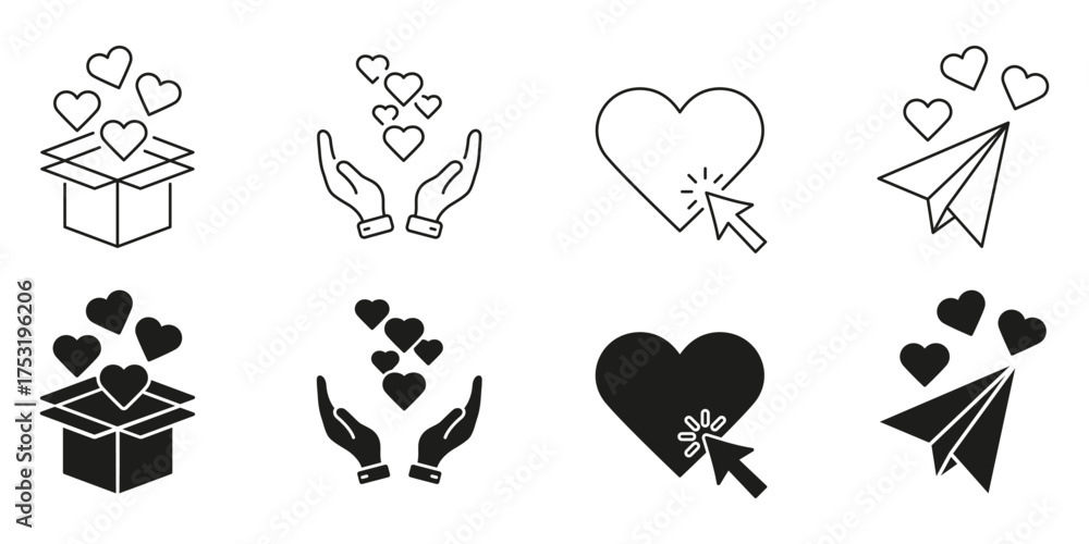 Fototapeta premium Heart And Love Symbol Line And Solid Icon Set. Romantic Gesture, Affection, And Emotional Connection Symbol Collection. Hearts In Box, Hands, Click, Paper Plane. Isolated Vector Illustration