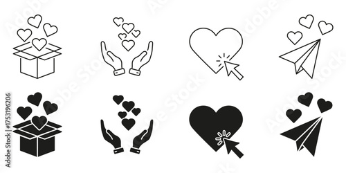 Heart And Love Symbol Line And Solid Icon Set. Romantic Gesture, Affection, And Emotional Connection Symbol Collection. Hearts In Box, Hands, Click, Paper Plane. Isolated Vector Illustration