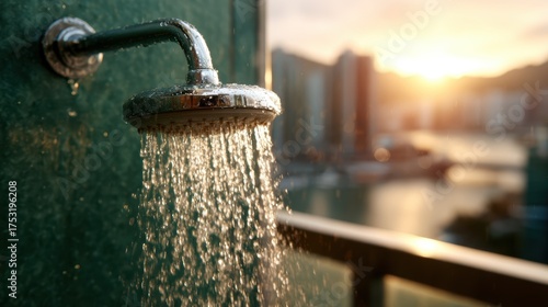 A beautiful outdoor shower with water flowing freely, illuminated by a warm sunset, creating a serene atmosphere perfect for relaxation and rejuvenation in nature's embrace.