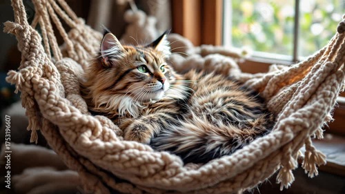 Fluffy Maine Coon cat lounging in cozy knitted hammock by window