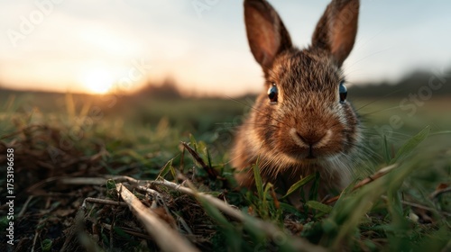 A close-up image of a curious rabbit emerging from lush grass, set against a beautiful sunset backdrop, evoking feelings of playfulness and the essence of nature's beauty.