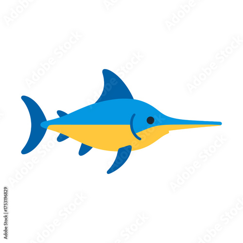 Colorful cartoon swordfish illustration with bold colors and simplistic design