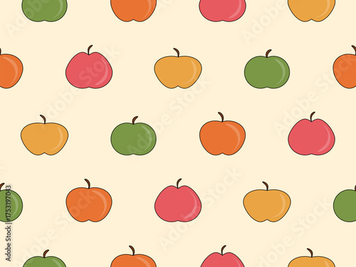 Seamless pattern with apple silhouettes in flat style. Apples in a retro color palette with a black outline. Design for printing on fabric, banners, and promotional items. Vector illustration