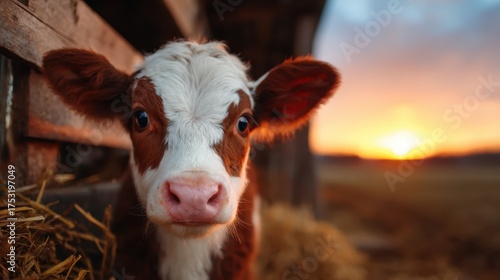 A cute, curious calf gazing directly at the camera, surrounded by warm hay and a stunning sunset, portraying the beauty of rural life and the innocence of nature's creatures.