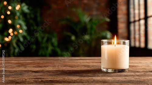 A flickering candle casts a warm glow within a cozy interior, surrounded by greenery and soft lighting, evoking feelings of peace, relaxation, and intimate moments.