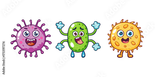 Cute cartoon bacteria, virus, germ or alien emoticon character set.