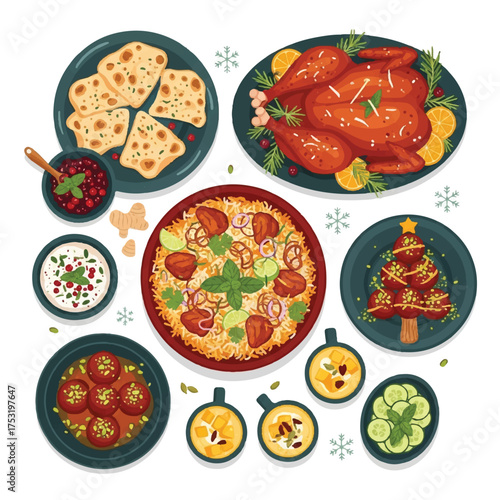 Flat lay of various Christmas foods including pizza, roasted chicken, and snacks on plates and bowls against a white background with festive decorations.