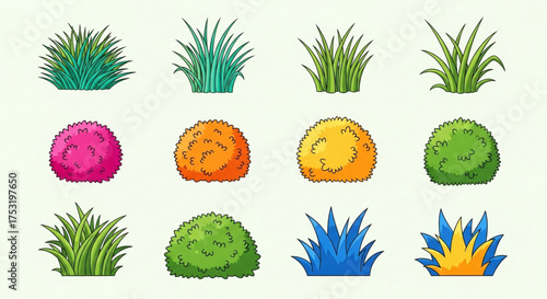 Cartoon grass a charming collection of vibrant tufts and bushes, perfect for adding a touch of nature to your designs and illustrations