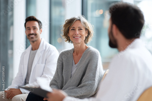 Wallpaper Mural Friendly healthcare consultation. Mature woman smiling, listening to medical professionals. Patient care, trust, wellness, and professional medical advice. Torontodigital.ca