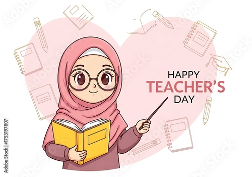 World teachers day a cheerful muslim teacher wearing a hijab, holding a book and a pointer, standing against a heartshaped background with the text happy teachers day, isolated on white background