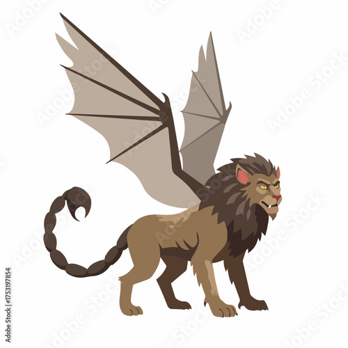 Cartoon Flat Graphic Winged Lion Scorpion Tail Mythical Creature Illustration