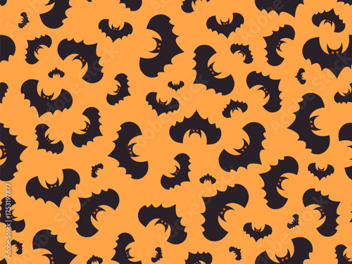 Seamless pattern with flying bats for Halloween decor. Black bat silhouettes on an orange background. Scary background with bats for printing on fabric and paper. Vector illustration