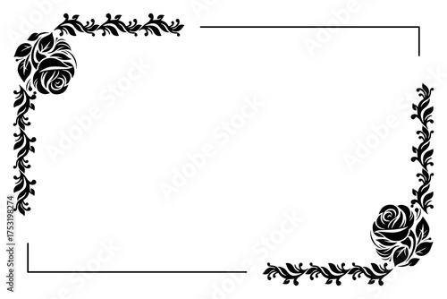 Floral frame with rose and leaf scroll decoration, artistic black and white line border, to beautify poster and invitation card illustrations. Vector illustration eps