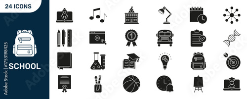 School And Education Icon Set. Academic Tools, Learning, And Knowledge Silhouette Symbol Collection. Includes Backpack, School Bus, Diploma, And More. Isolated Vector Illustration