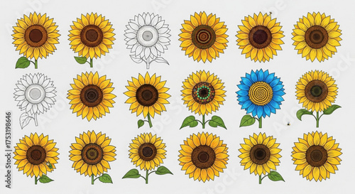 A diverse collection of sunflower illustrations, showcasing the beauty of natures golden blooms in a variety of styles