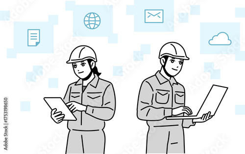 ヘルメットをかぶった作業員の男女のイラスト　DX