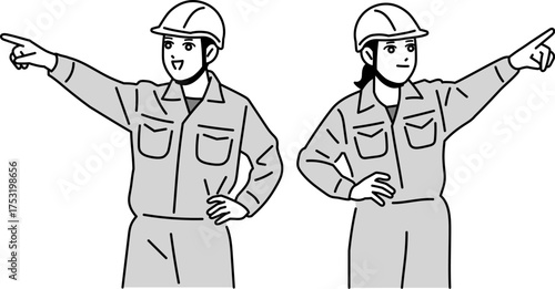指を指しているヘルメットをかぶった作業員の男女のイラスト