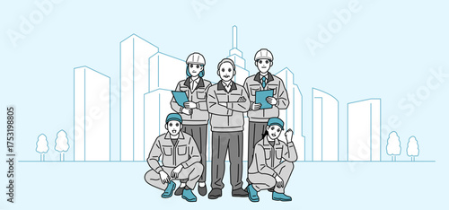 ビルを背にした作業員の男女のビジネスパーソンのイラスト