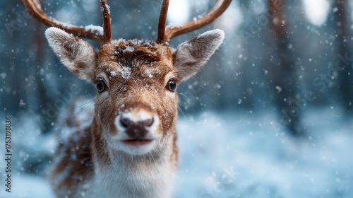 A stunning close-up of a deer covered in snow, set against a tranquil snowy background, showcasing its beautiful antlers and inquisitive expression in a winter wonderland.
