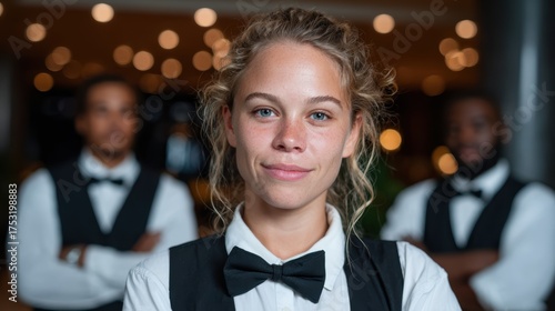 A confident waitress stands proudly in a restaurant environment, showcasing professionalism and service-oriented attitude amidst lively background energy with blurred figures.