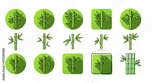 Set of bamboo stalk and leaf icons in various shapes and styles, perfect for asianthemed designs