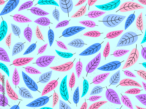 Multicolored leaves seamless pattern. Autumn background with leaves in a simple style. Autumn falling leaves for print, banners, and wrapping paper. Vector illustration