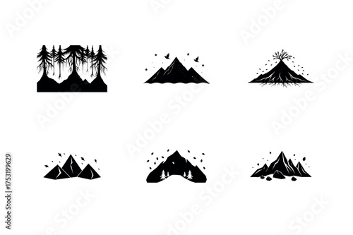 Mountain and tree icon set in nature landscape design