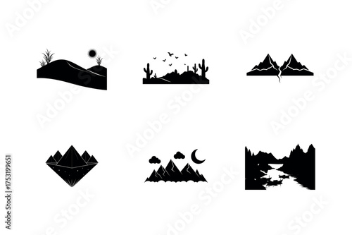 set of house and boat silhouettes on white background