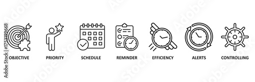 Time management banner web icon vector illustration foricon of objective, priority, schedule, reminder, efficiency, alerts, and controlling