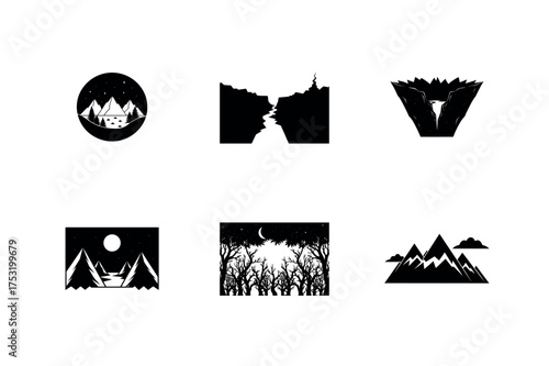set of mountain icons in black silhouette style