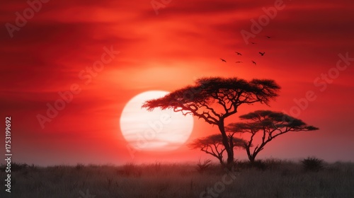 An awe-inspiring sunset casting deep red hues over a serene savannah, framed by silhouettes of acacia trees and birds in flight, evoking tranquility and natural beauty.