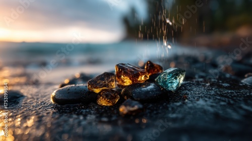 A close-up shot of sparkling amber and blue gemstones lying on a wet shore, illuminated by the warm glow of sunset, creating an enchanting and tranquil atmosphere.