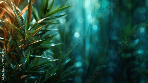 This image showcases vibrant green foliage with soft diffused light filtering through, creating an enchanting atmosphere full of tranquility and natural beauty.