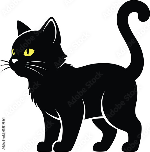 A sleek black cat with bright yellow eyes stands alert.