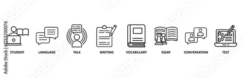English class banner web icon vector illustration foricon of student, language, talk, writing, vocabulary, essay, conversation, test