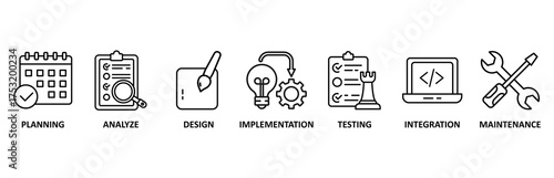 Software development banner web icon vector illustration foricon of planning, analyze, design, implementation, testing, integration, and maintenance