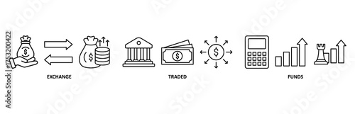 ETF banner web icon vector illustration for Exchange Traded Funds Stock Market Investment with icon of money, cash flow, trading, transaction, bank, accounting, and growth