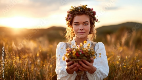 A woman stands gracefully at sunset, holding a beautiful bouquet of wildflowers, symbolizing the connection between nature and human emotions, perfect for serene events.