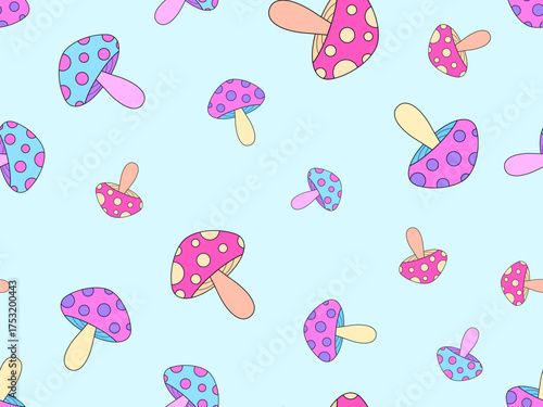 Mushrooms seamless pattern. Mushrooms on a stem. Amanita mushroom with dots on the cap. Background with fly agarics or wallpapers, covers, wrappers and banners. Vector illustration