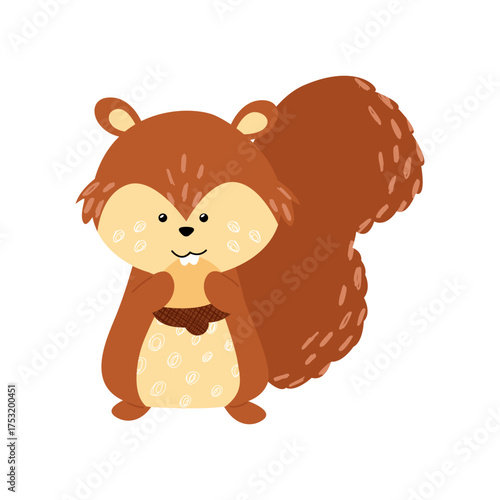 Forest animal squirrel with a nut in its paws hand drawn with trendy textures on a white background