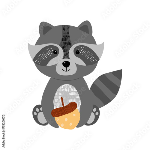 Forest animal raccoon with an acorn in its paws with fashionable textures on a white background
