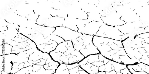 Cracked dry soil texture background in black and white. Drought land surface showing parched earth and environmental dryness. Perfect for climate change, desert, and natural texture design themes.