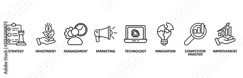 Business development banner web icon vector illustration foricon of strategy, investment, management, marketing, technology, innovation, competitor analysis, improvement