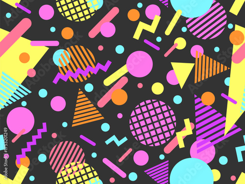 Geometric seamless pattern in 80s style. Colorful pattern with different geometric shapes. Design for packaging, covers, wrapping and promotional products. Vector illustration