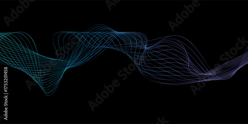 Vector abstract light lines wavy flowing dynamic in blue green colors isolated on black background for concept of AI technology, digital, communication, 5G, science, music