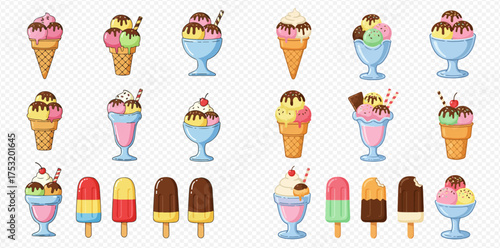 Collection of cartoon ice cream cones, sundaes, and popsicles in various flavors and presentations.