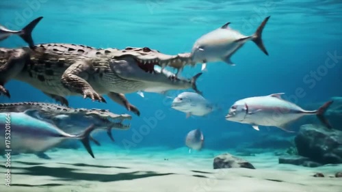 Underwater view of crocodiles swimming with fish in clear blue water.