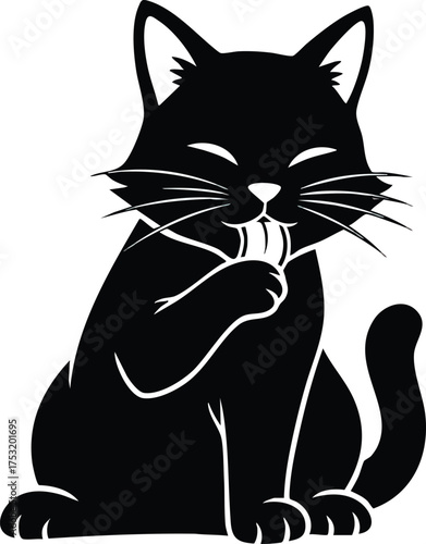 Black Cat Grooming Itself with Paw Silhouette Illustration.