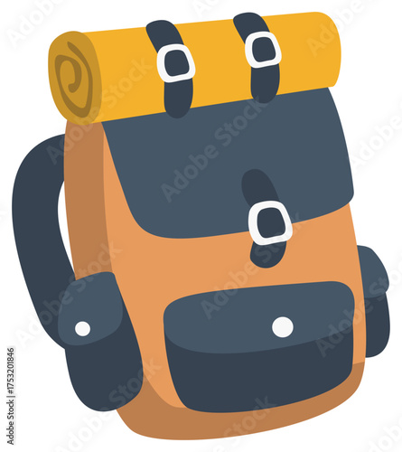Camping brown and blue backpack with yellow bedroll is perfect for outdoor adventures. Versatile for hiking, camping, and backpacking trips.